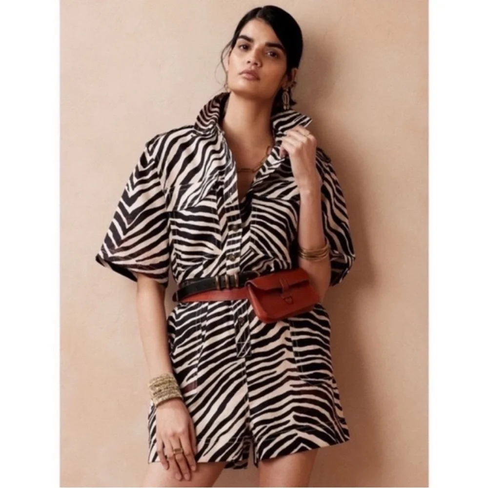 Banana Republic Linen Oversized Zebra Shorts Romper NWOT